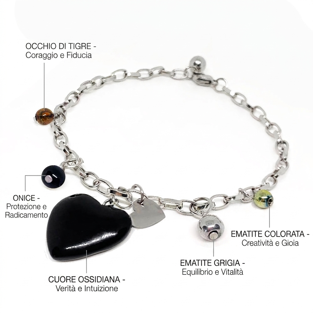 Bracciale CUORE in Acciaio Inossidabile con Pietre Naturali – Occhio di Tigre, Ossidiana ed Ematite NAMIKA