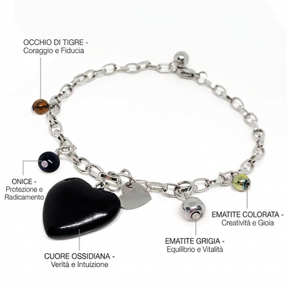 Bracciale CUORE in Acciaio Inossidabile con Pietre Naturali – Occhio di Tigre, Ossidiana ed Ematite NAMIKA