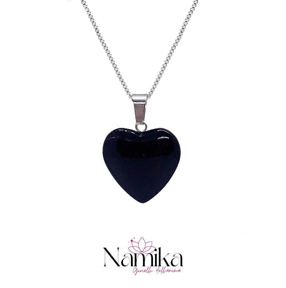 Collana con Ciondolo in Ossidiana Naturale a Cuore – Acciaio Inossidabile Regolabile NAMIKA